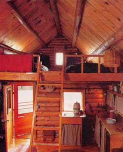 Sleeping loft: Owner-built, one-room log cabin located at Lake Superior.